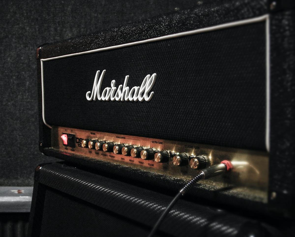 A selection of metal music amplifiers.
